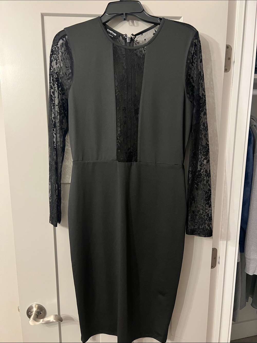 bebe Black Lace-Inset Long Sleeve Sheath Dress